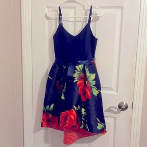 Party dress size 9/10 dark blue with red flowers.